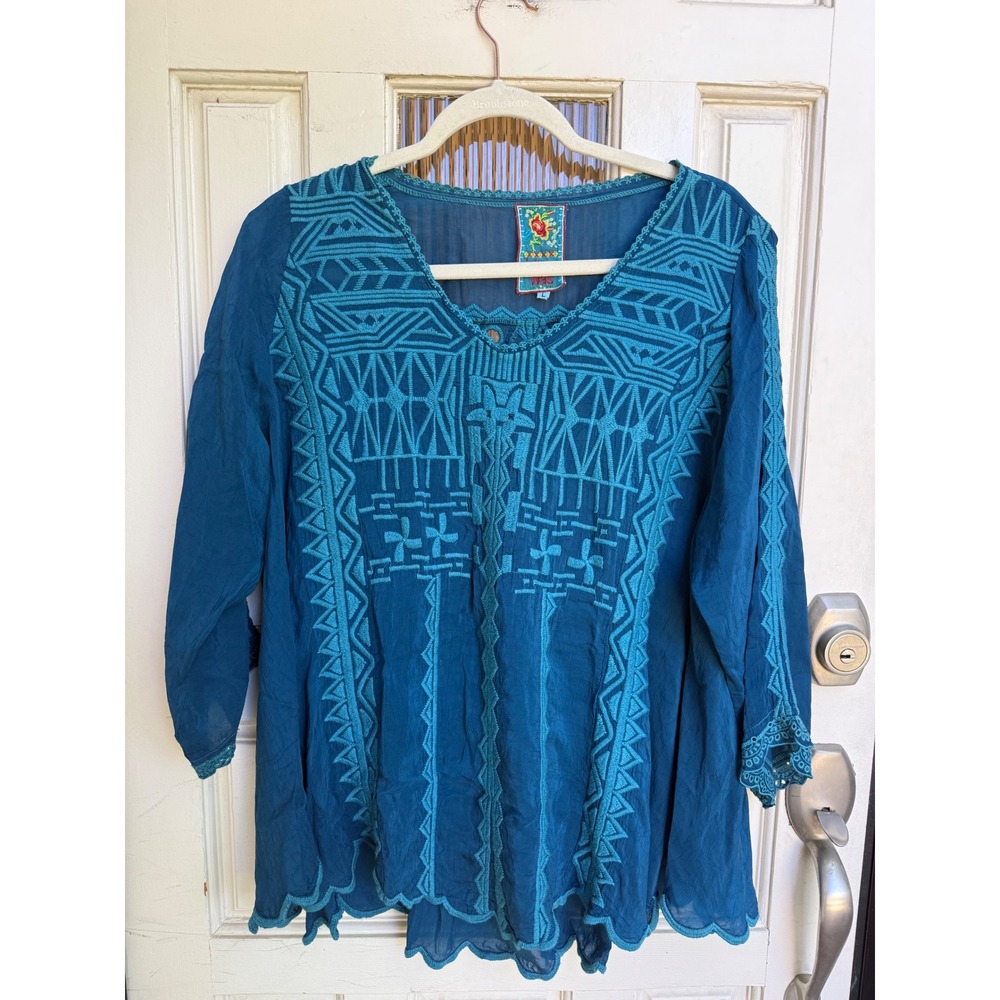 Johnny Was Teal Blue Embroidered Boho Tunic Top